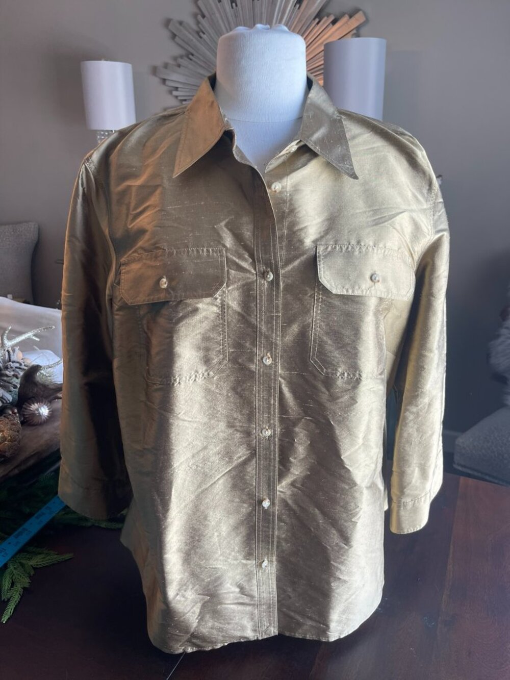 Lauren Ralph Lauren Gold Tone \Khaki Silk  Shirt Sz 1X
